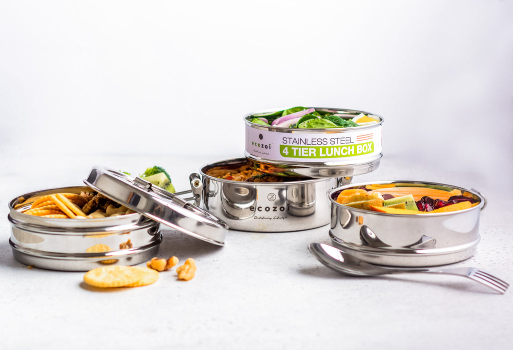 Inland Loom Stackable Lunch Box for Adult, 4 Tier Round with Spork, Stainless Steel, 55 Oz