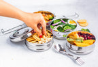 Inland Loom Stackable Lunch Box for Adult, 4 Tier Round with Spork, Stainless Steel, 55 Oz