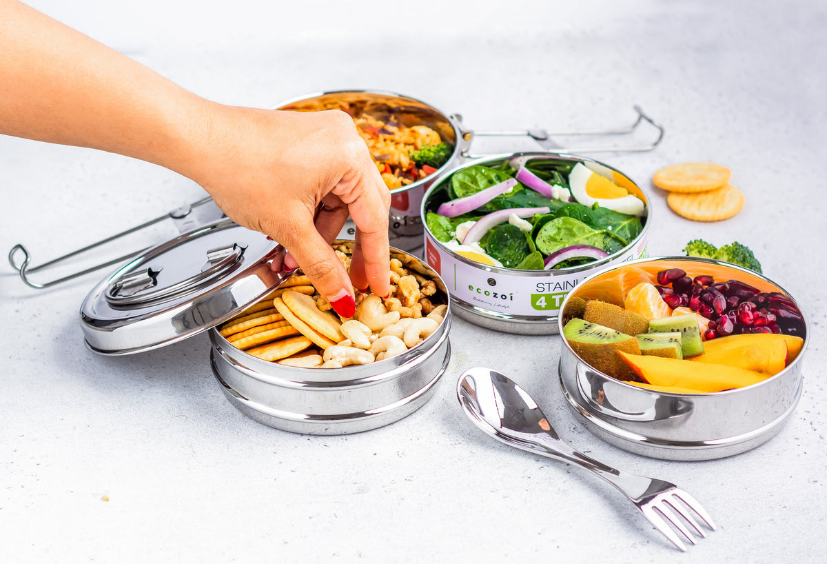 Inland Loom Stackable Lunch Box for Adult, 4 Tier Round with Spork, Stainless Steel, 55 Oz