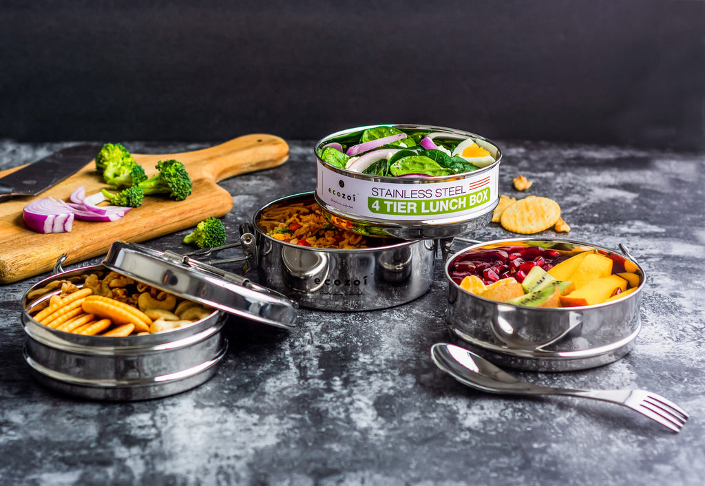 Inland Loom Stackable Lunch Box for Adult, 4 Tier Round with Spork, Stainless Steel, 55 Oz
