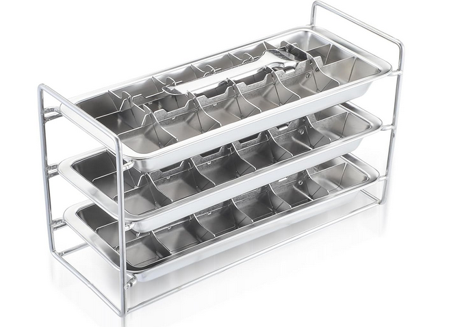 Inland Loom Old Fashioned Ice Cube Trays with Easy Release Handle, 3 Pack with Rack, Stainless Steel