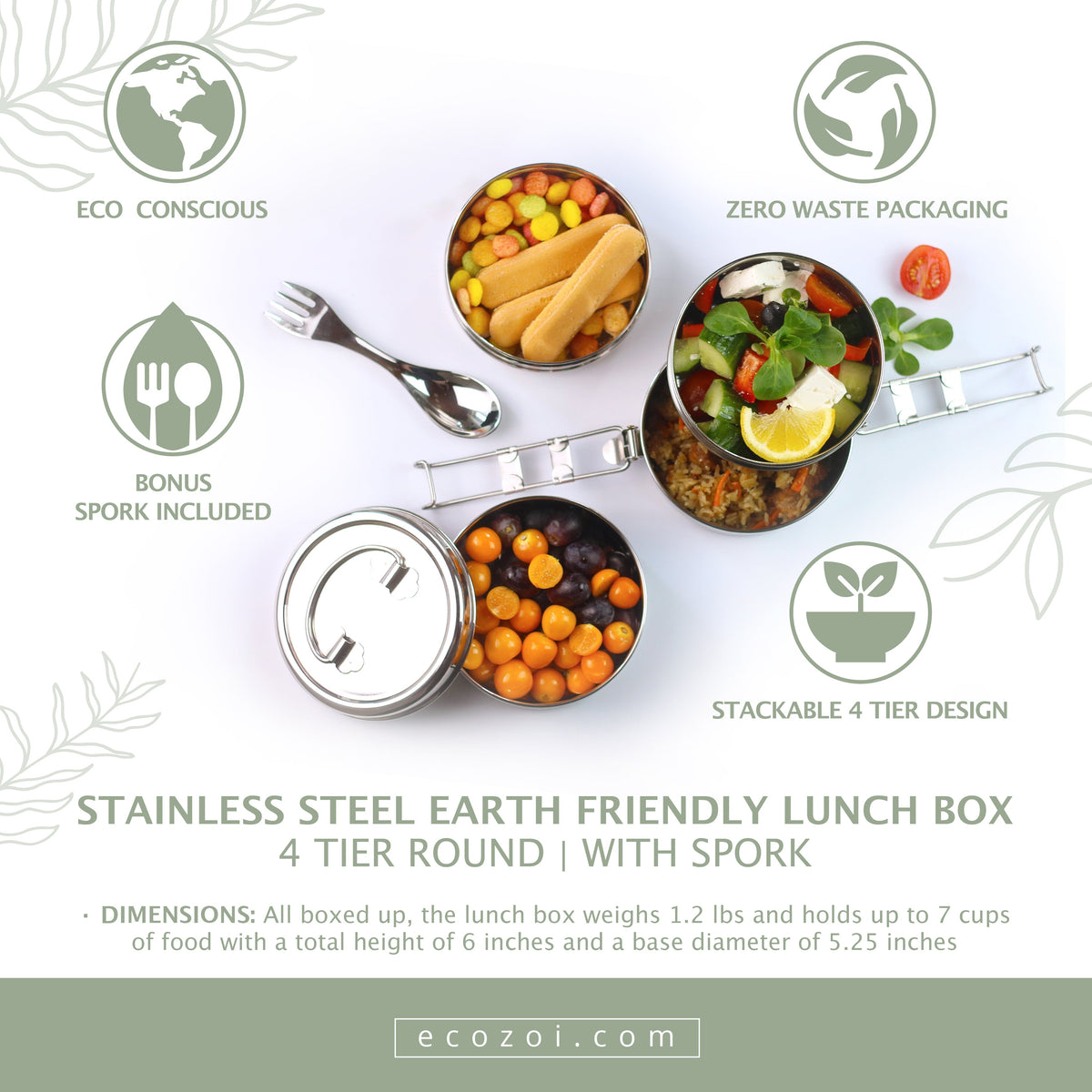 Inland Loom Stackable Lunch Box for Adult, 4 Tier Round with Spork, Stainless Steel, 55 Oz