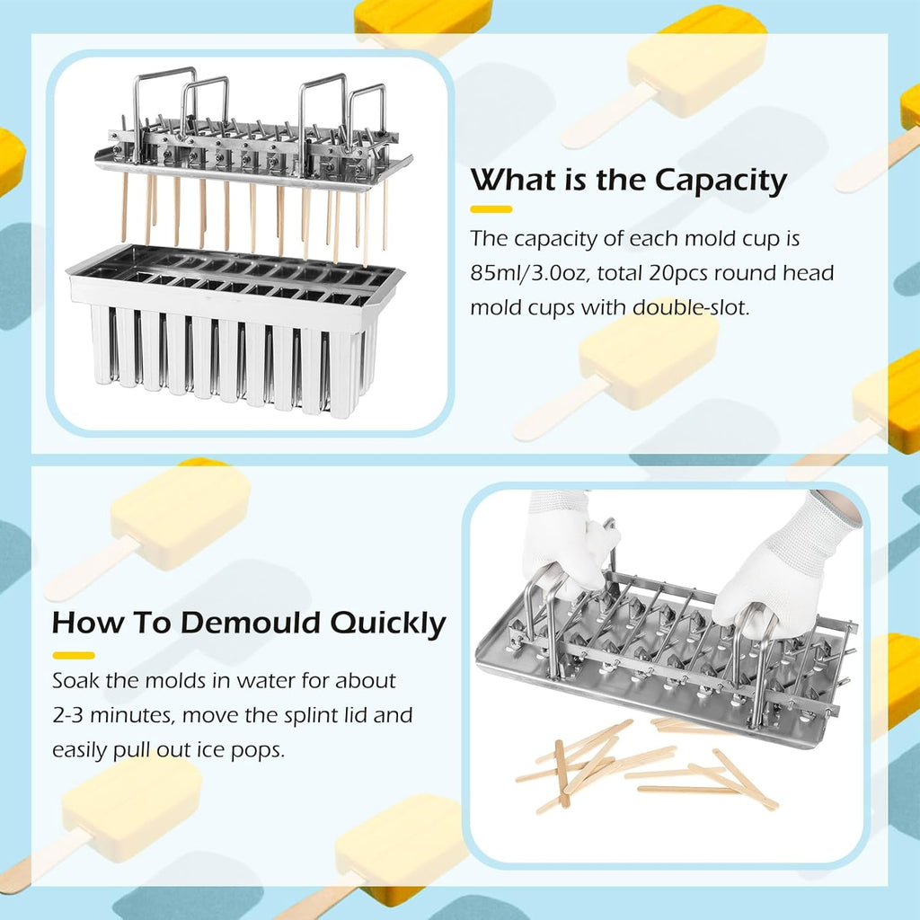 Inland Loom Stainless Steel Popsicle Molds with Sticks, Reusable, Bamboo, 50 Count, 20 Square