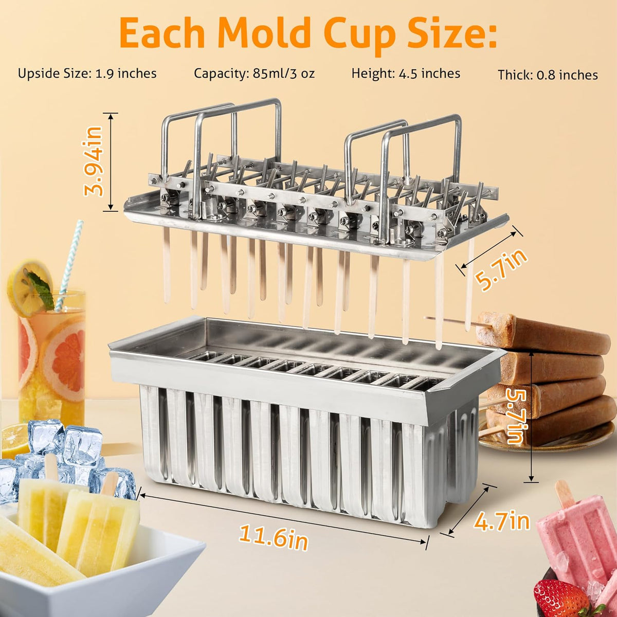 Inland Loom Stainless Steel Popsicle Molds with Sticks, Reusable, Bamboo, 50 Count, 20 Square