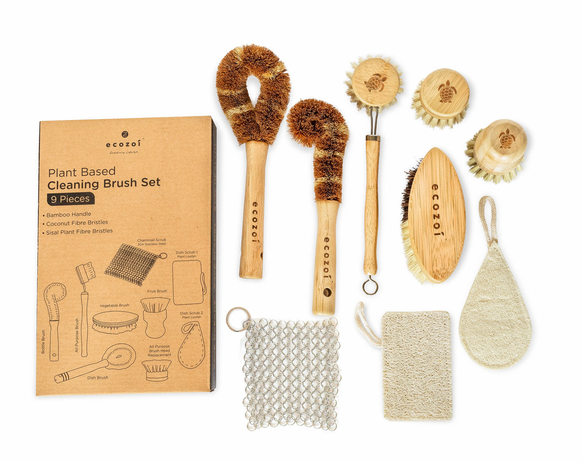 Inland Loom Kitchen Brush Set, Zero Waste Dish Brush, Plant-Based, Multi-Purpose, 9 Piece
