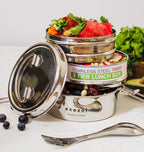 Inland Loom Stainless Steel Lunch Box for School and Office, 3 Tier Round with Spork, Leakproof, 40 Oz