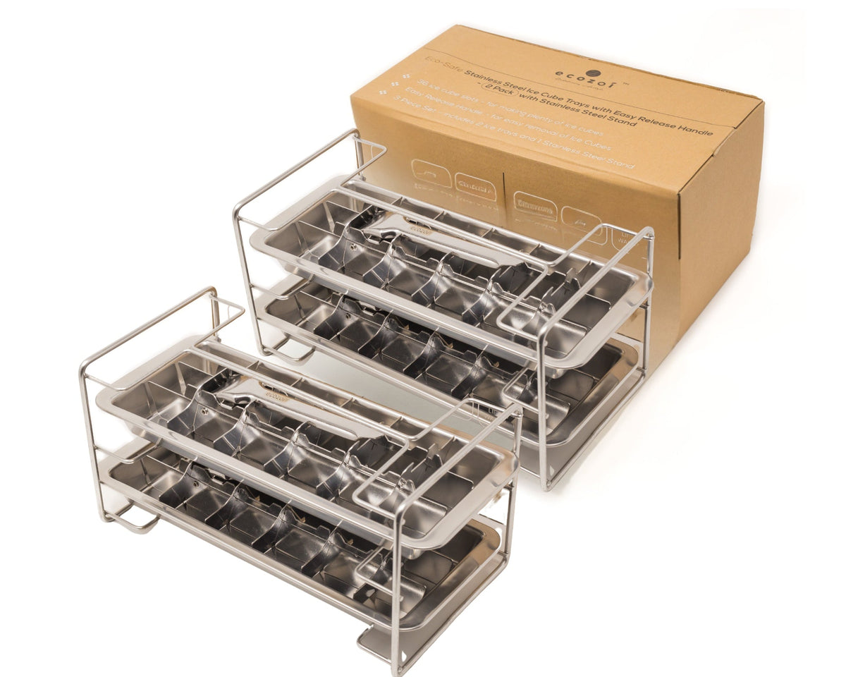 Stainless Steel Ice Cube Trays, Size Cubes with Easy Release Handle, 4 Pack, 72 Ice Cubes - UPC 860013630522 Standard