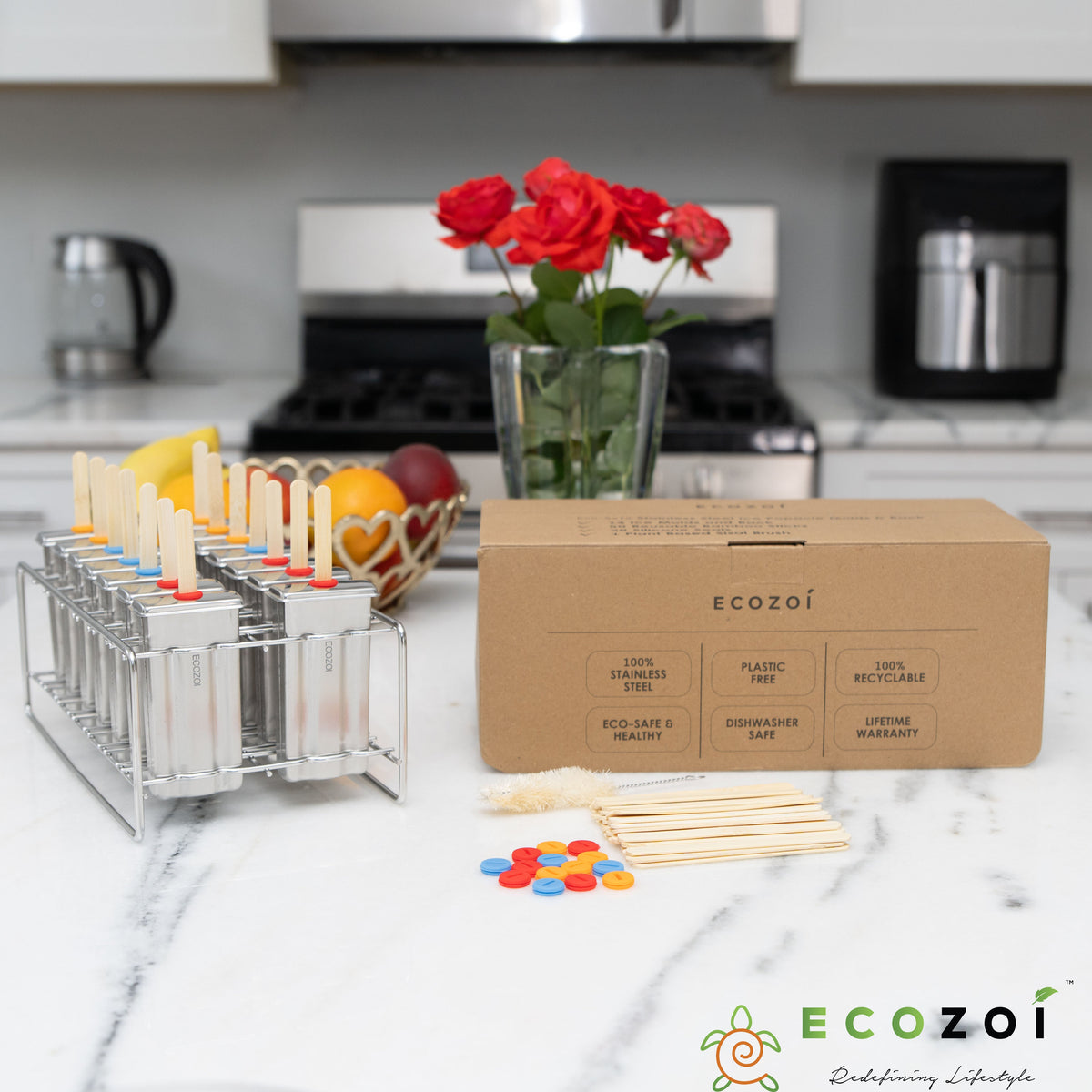 Inland Loom Stainless Steel Popsicle Molds, 14 Piece Set with Standing Rack, 50 Bamboo Sticks, 28 Silicone Seals, Cleaning Brush, 3 Ounce