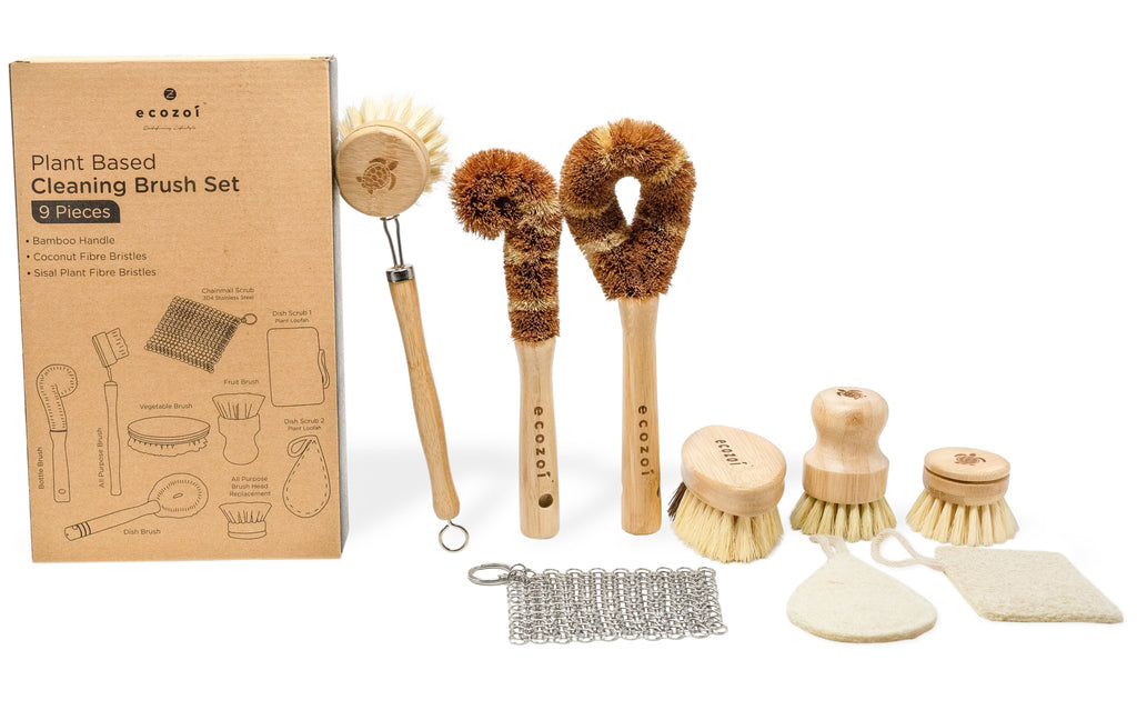 Inland Loom Kitchen Brush Set, Zero Waste Dish Brush, Plant-Based, Multi-Purpose, 9 Piece