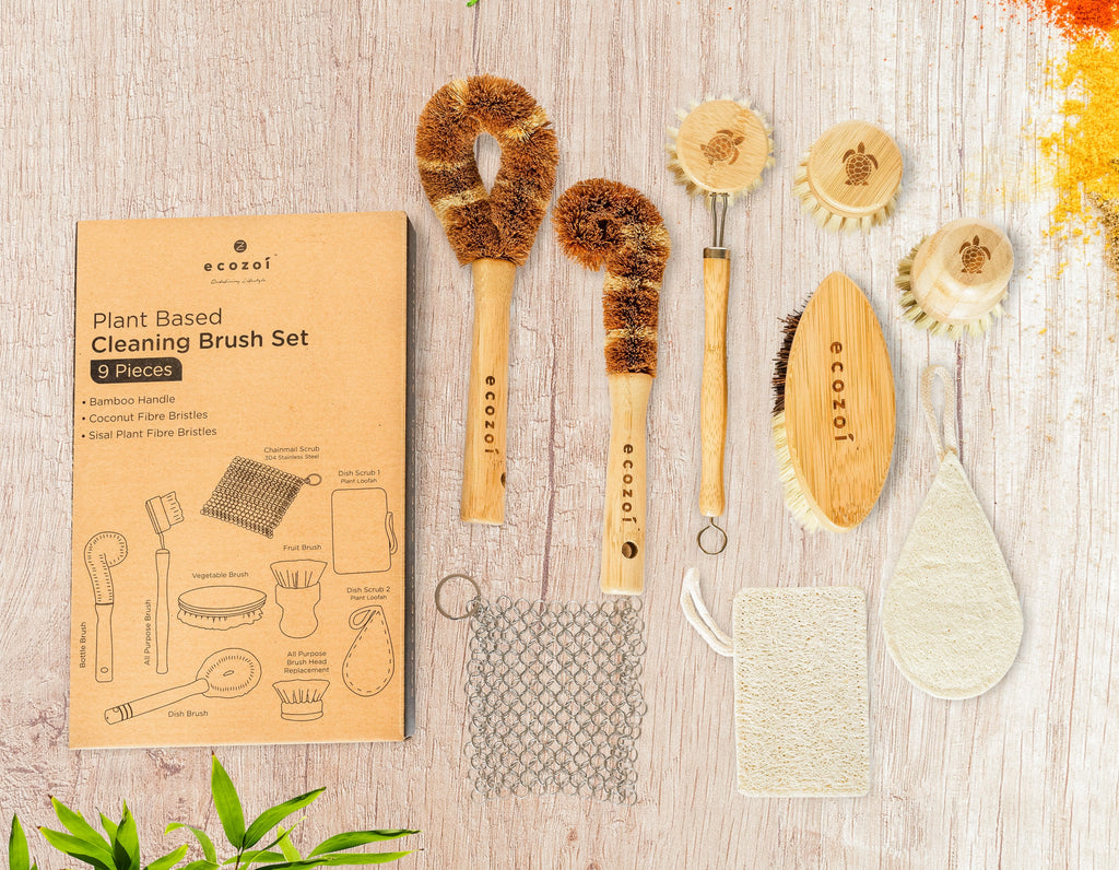 Inland Loom Kitchen Brush Set, Zero Waste Dish Brush, Plant-Based, Multi-Purpose, 9 Piece