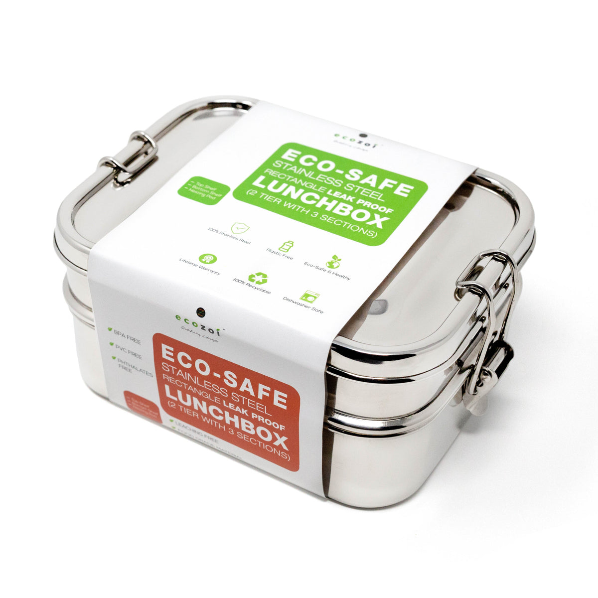 Stainless Steel 2-Tier Leak-Proof Bento Lunch Box, 3 Compartments, 60 oz