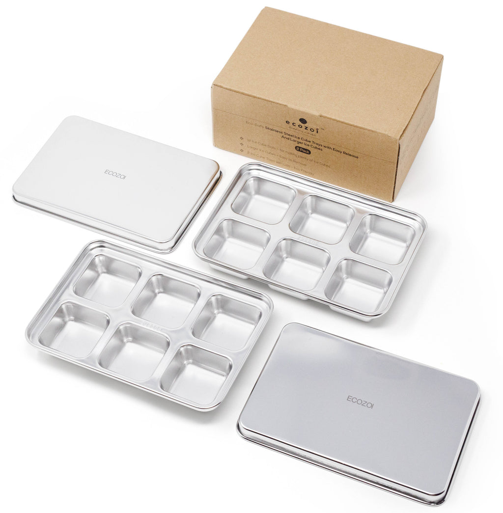 Inland Loom Stainless Steel Ice Trays for Freezer, Rectangular Shape 12 Large Cubes with Lid, 2 Pack