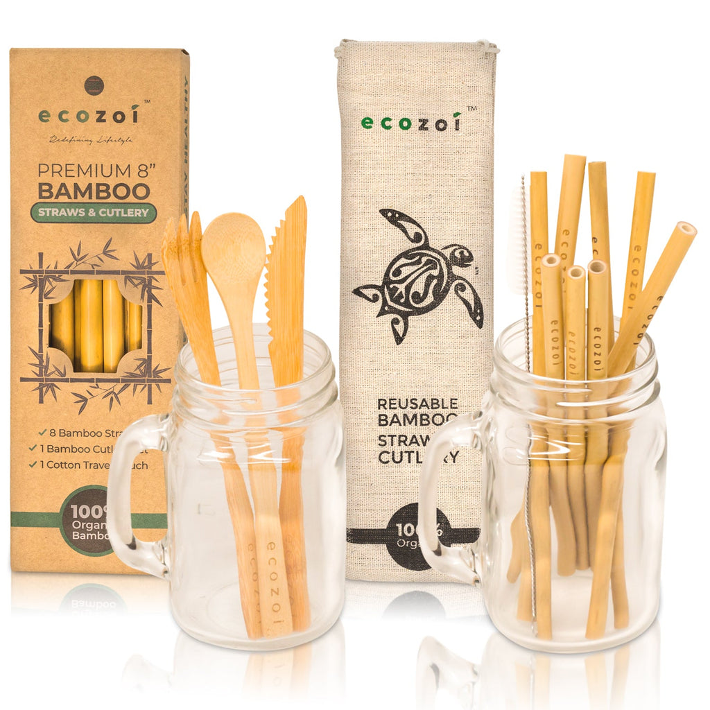 Organic Bamboo Straws and Cutlery Set with Cotton Travel bag