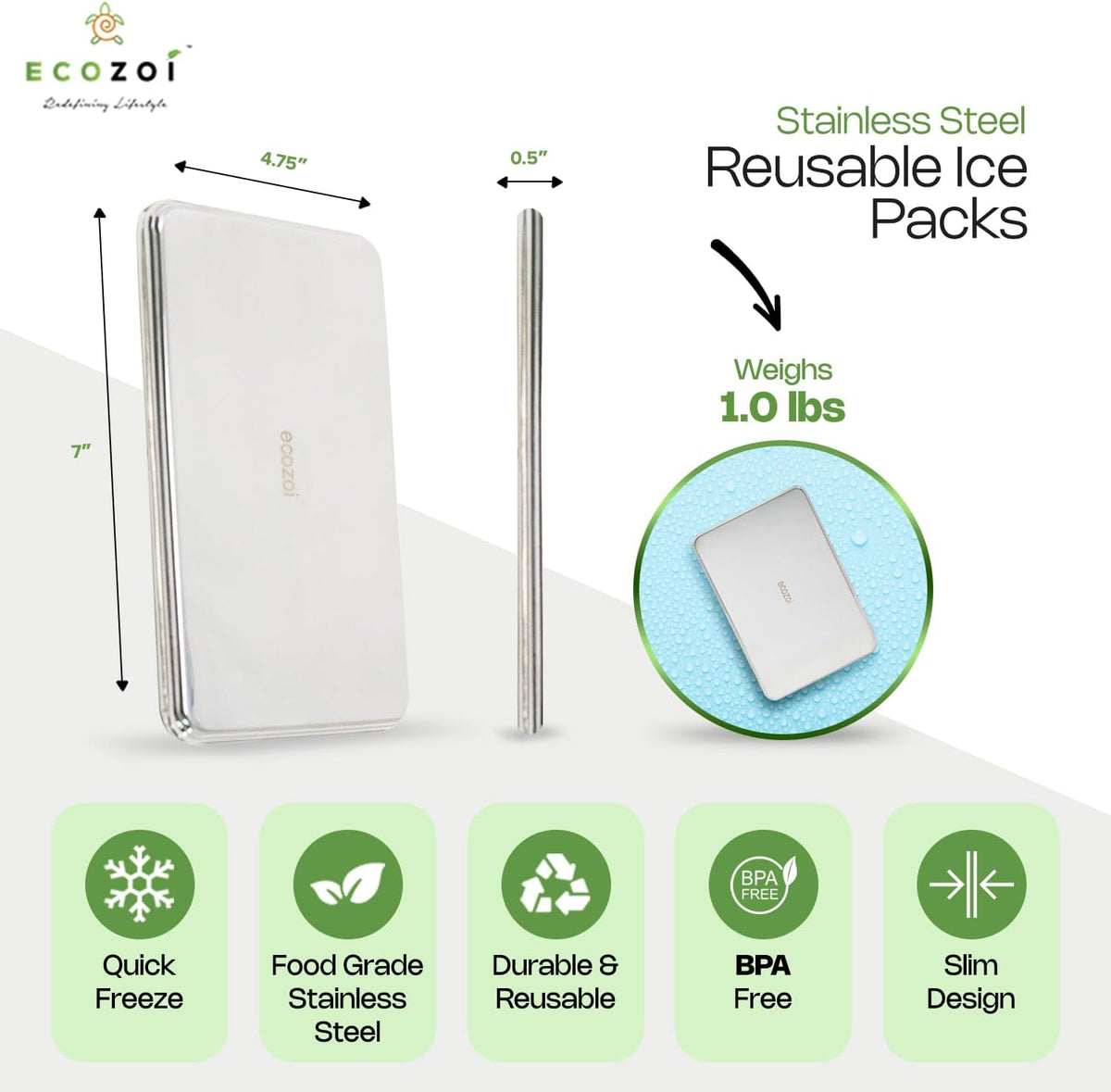 Inland Loom Stainless Steel Ice Packs for Lunch Boxes, Freezer Packs, Reusable, 2 Pack