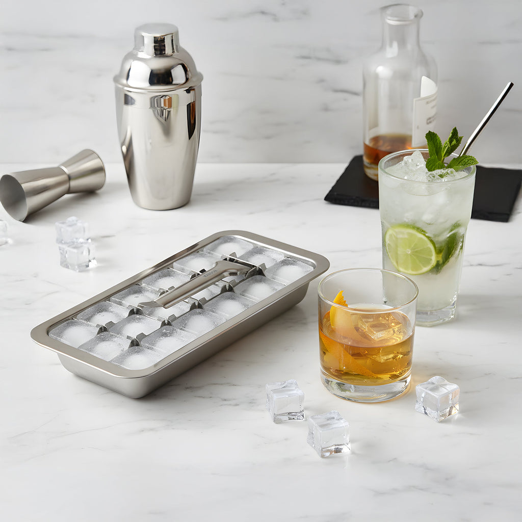 Inland Loom Old Fashioned Ice Cube Trays with Easy Release Handle, 3 Pack with Rack, Stainless Steel