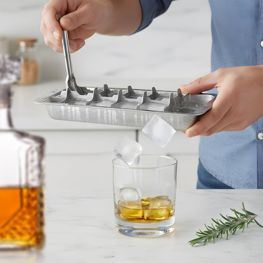 Inland Loom Old Fashioned Ice Cube Trays with Easy Release Handle, 2 Pack with Rack, Stainless Steel