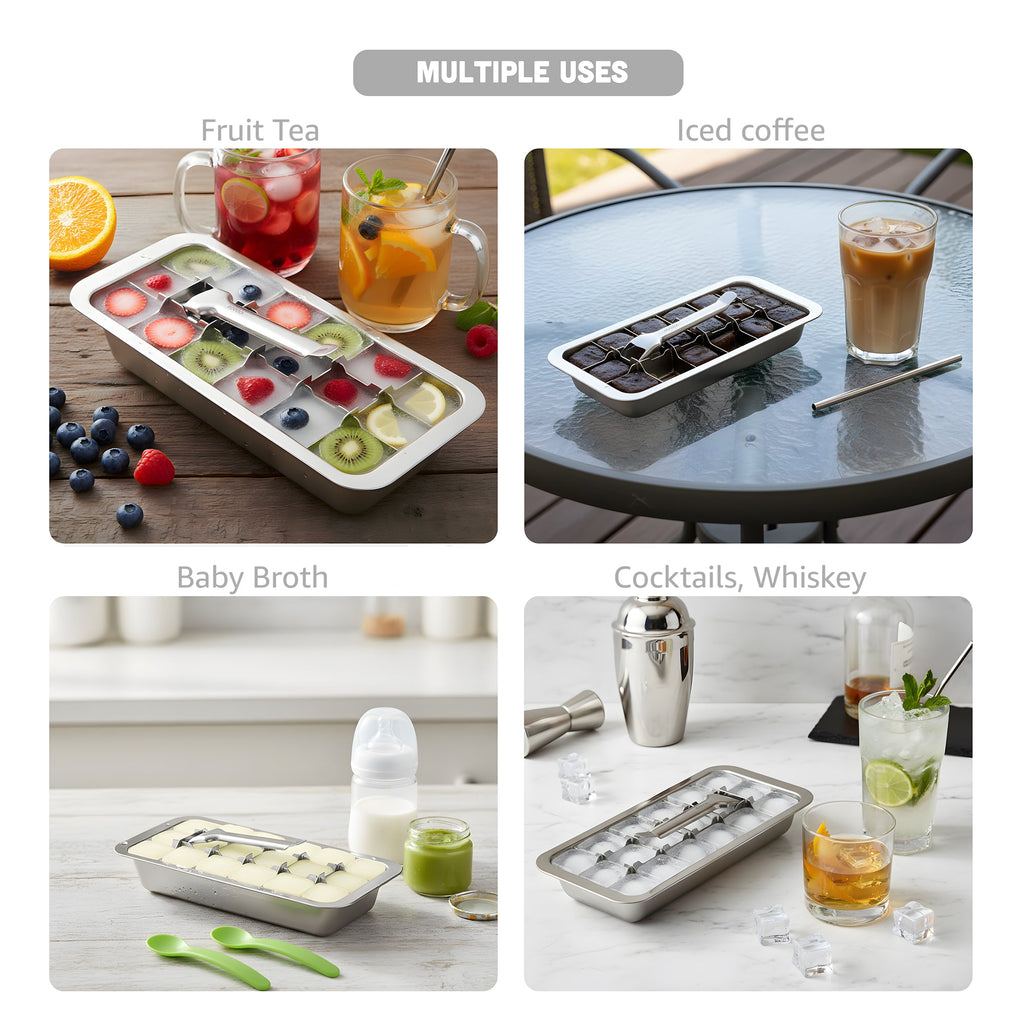 Inland Loom Old Fashioned Ice Cube Trays with Easy Release Handle, 2 Pack with Rack, Stainless Steel