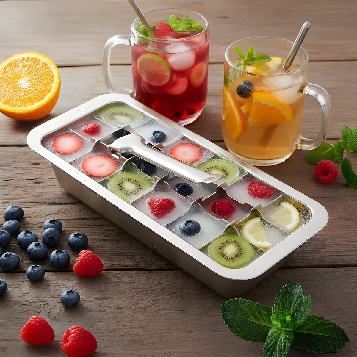 Inland Loom Old Fashioned Ice Cube Trays with Easy Release Handle, 2 Pack with Rack, Stainless Steel