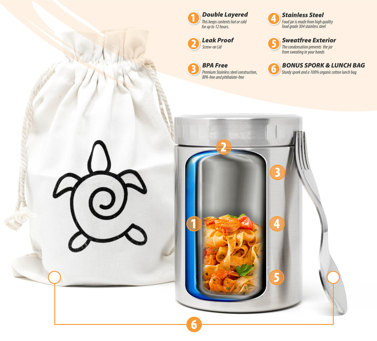 Inland Loom Stainless Steel Thermos Food Jar, Insulated Container with Spork and Lunch Bag, 12 oz