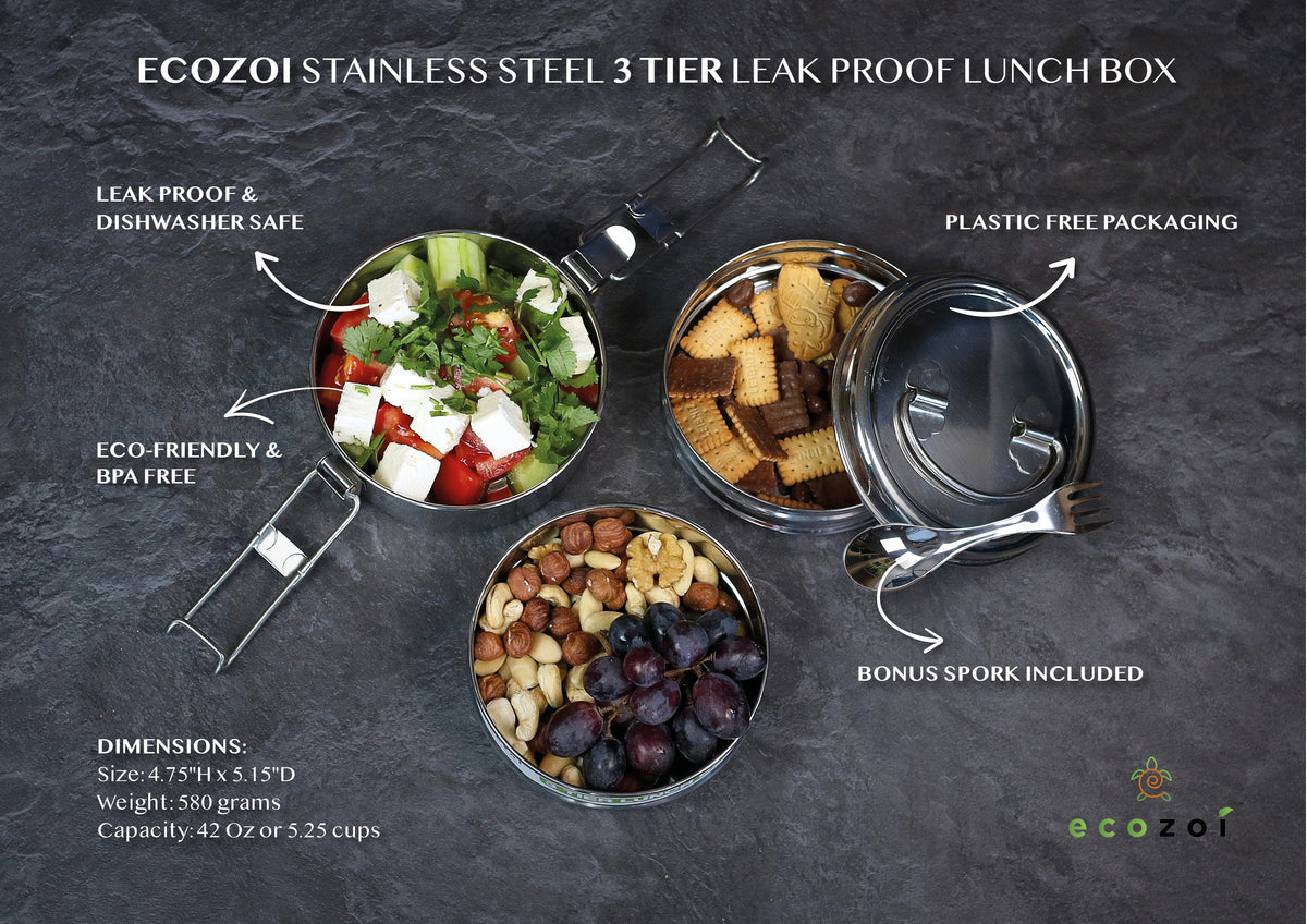 Inland Loom Stainless Steel Lunch Box for School and Office, 3 Tier Round with Spork, Leakproof, 40 Oz