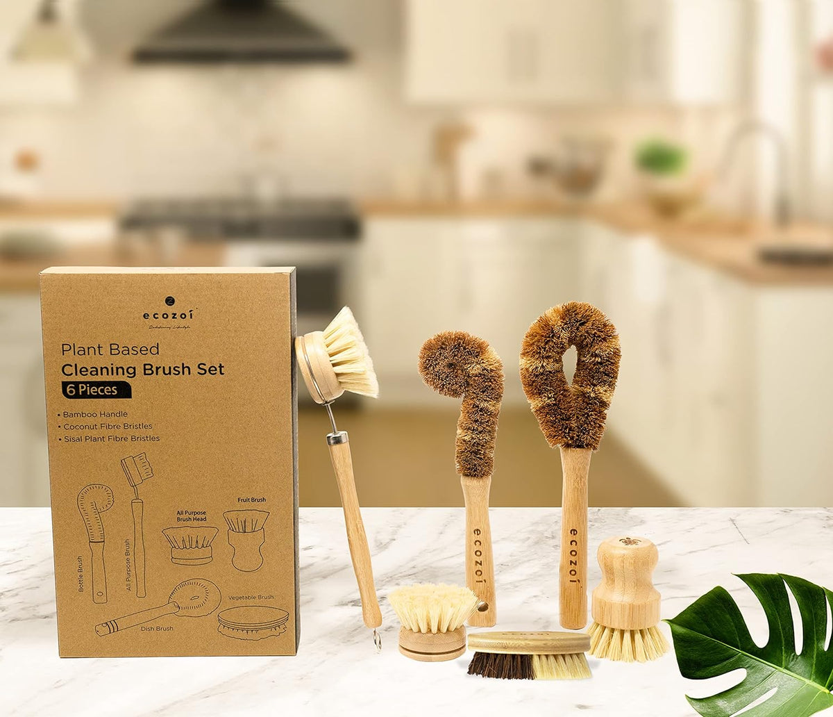 Inland Loom Kitchen Brush Set, Vegetable Dish Scrub Brush, Plant-Based, Multi-Purpose 6 Piece