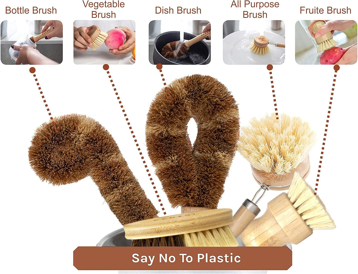 Inland Loom Kitchen Brush Set, Vegetable Dish Scrub Brush, Plant-Based, Multi-Purpose 6 Piece