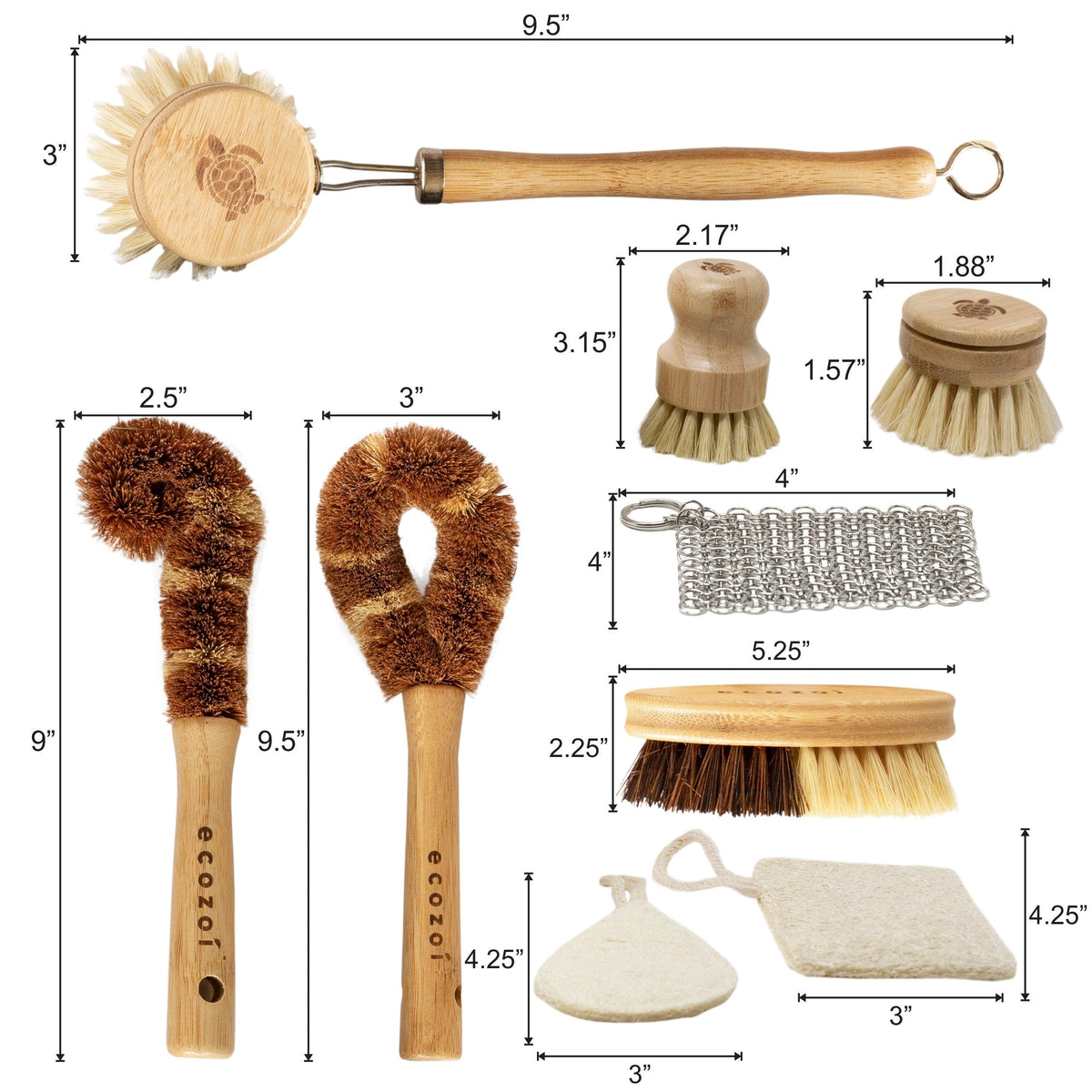 Inland Loom Kitchen Brush Set, Zero Waste Dish Brush, Plant-Based, Multi-Purpose, 9 Piece