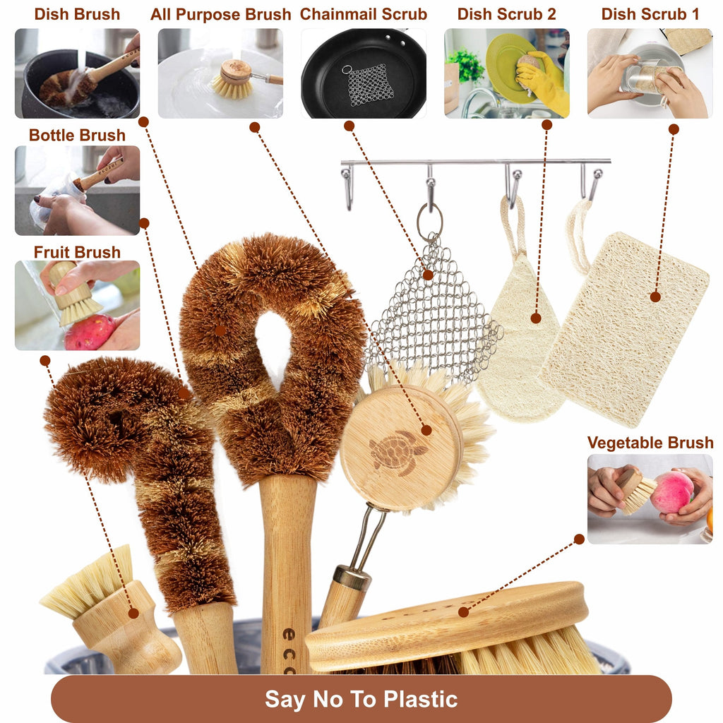 Inland Loom Kitchen Brush Set, Zero Waste Dish Brush, Plant-Based, Multi-Purpose, 9 Piece