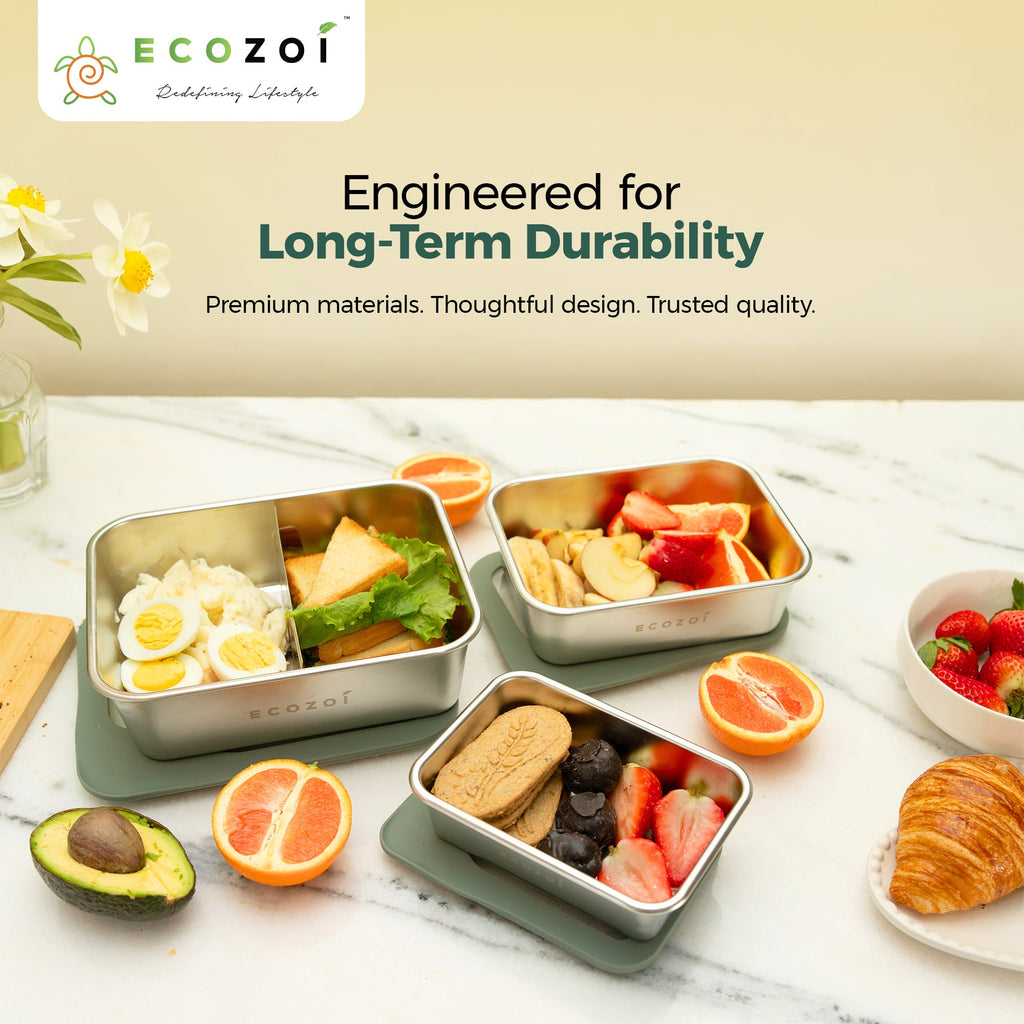 Inland Loom Stainless Steel Bento Box for Kids and Adults, 3 Piece Set, Stackable and Leak Proof, Microwave Safe