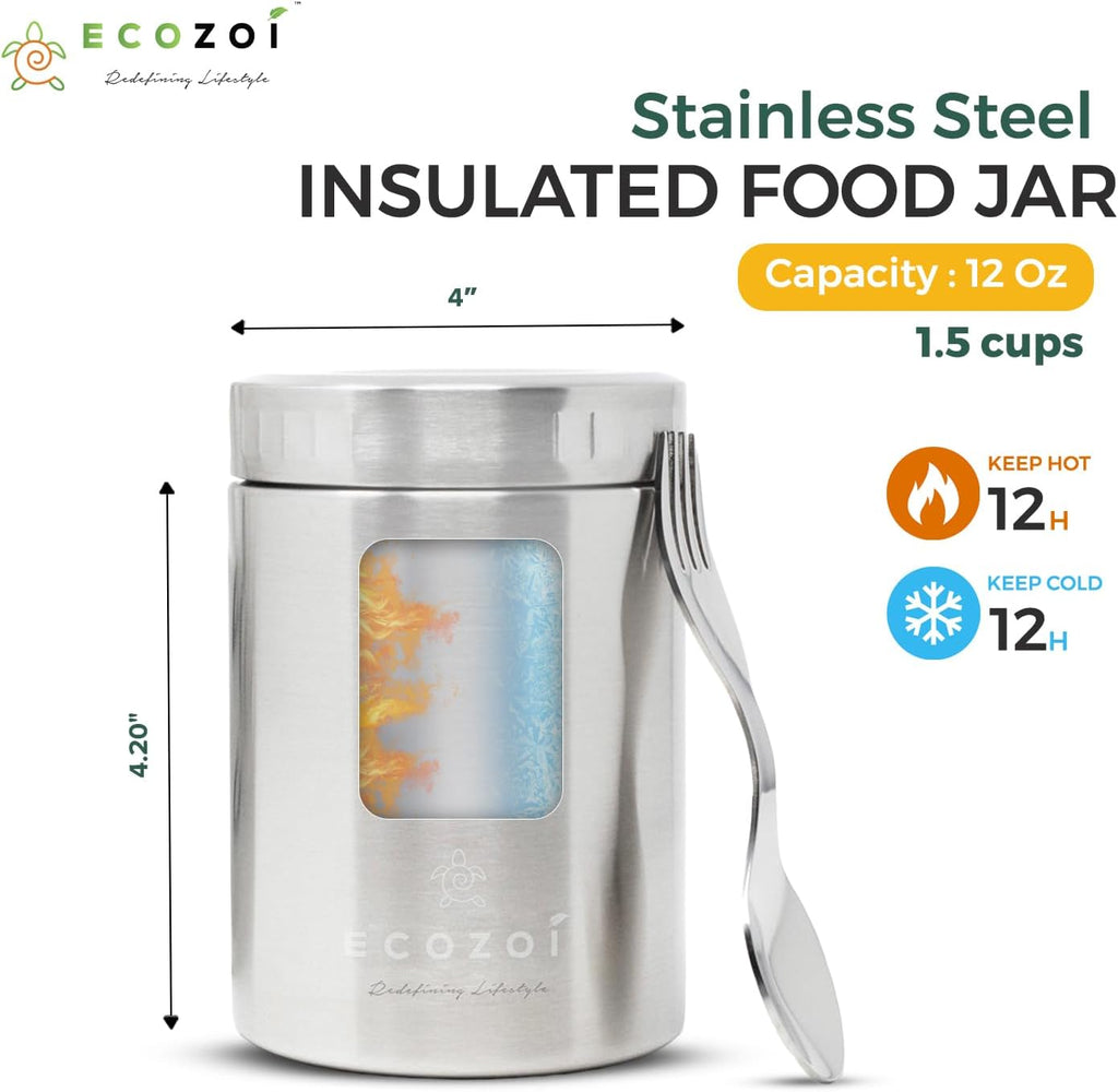 Inland Loom Stainless Steel Thermos Food Jar, Insulated Container with Spork and Lunch Bag, 12 oz