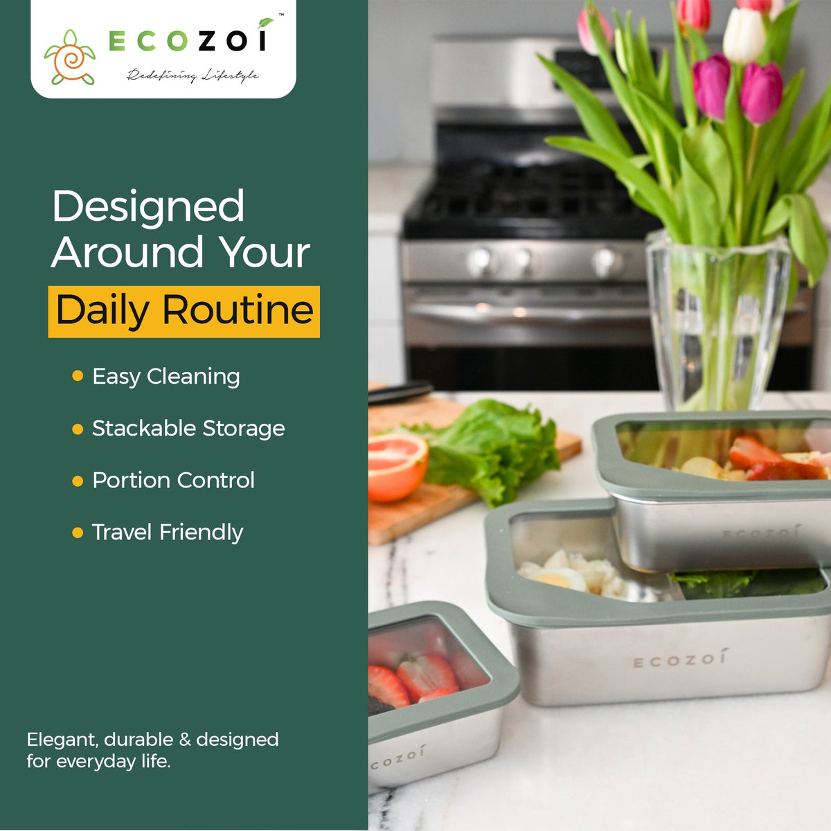 Inland Loom Stainless Steel Bento Box for Kids and Adults, 3 Piece Set, Stackable and Leak Proof, Microwave Safe