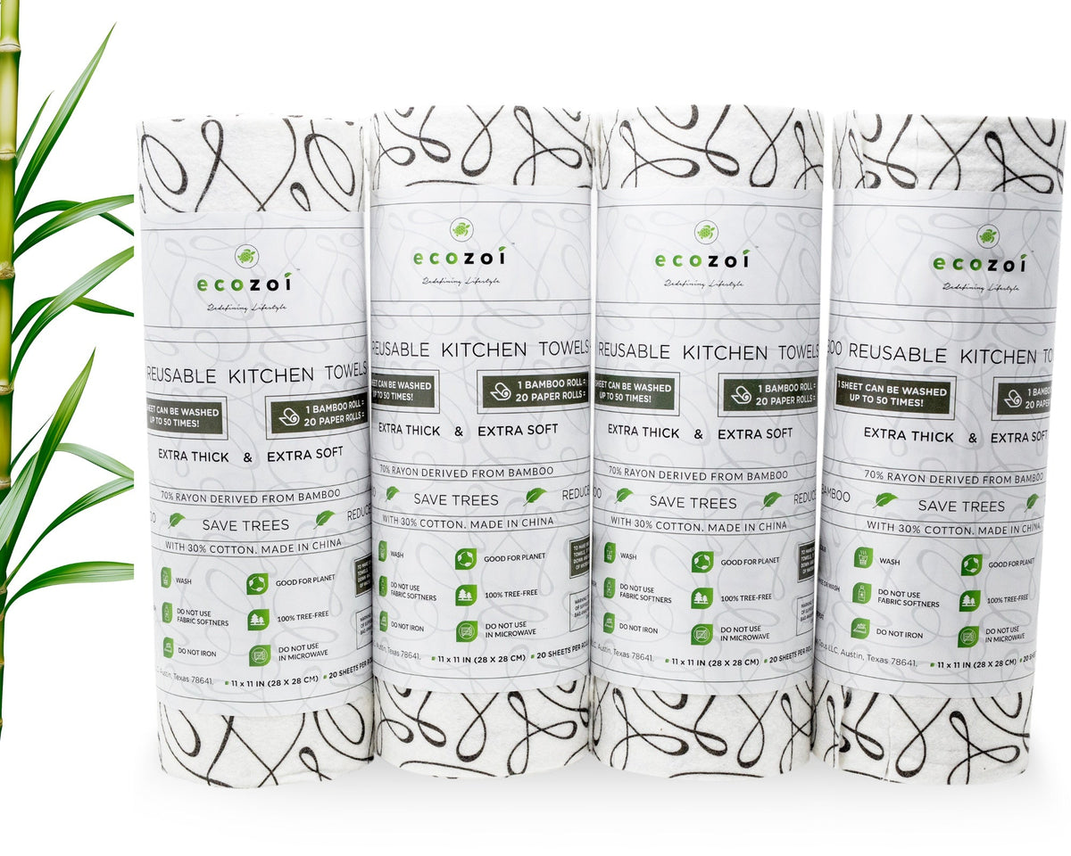 Bamboo Kitchen Paper Towels, Reusable Tree-Free Rolls with Black Design, 4 Pack