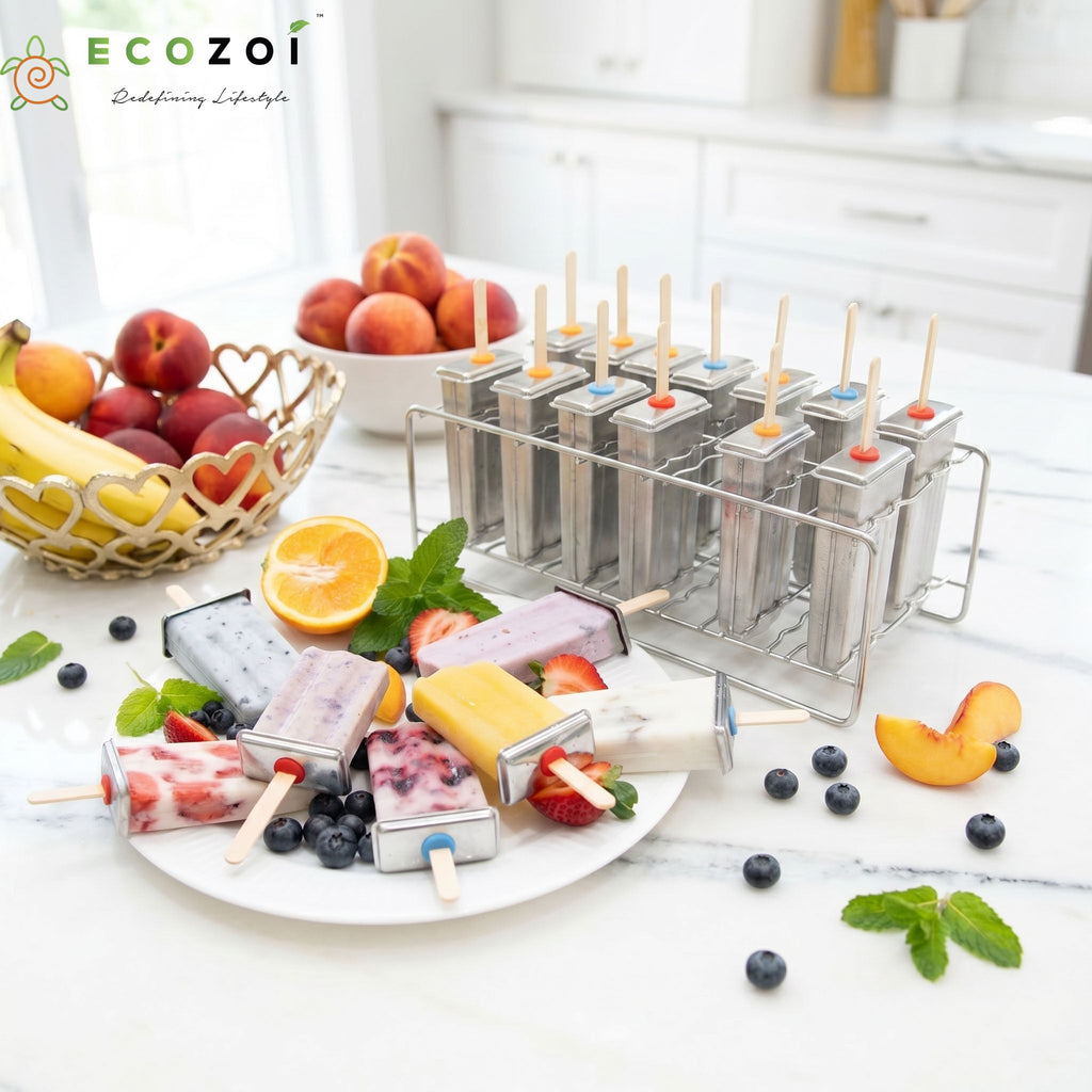 Inland Loom Stainless Steel Popsicle Molds, 14 Piece Set with Standing Rack, 50 Bamboo Sticks, 28 Silicone Seals, Cleaning Brush, 3 Ounce