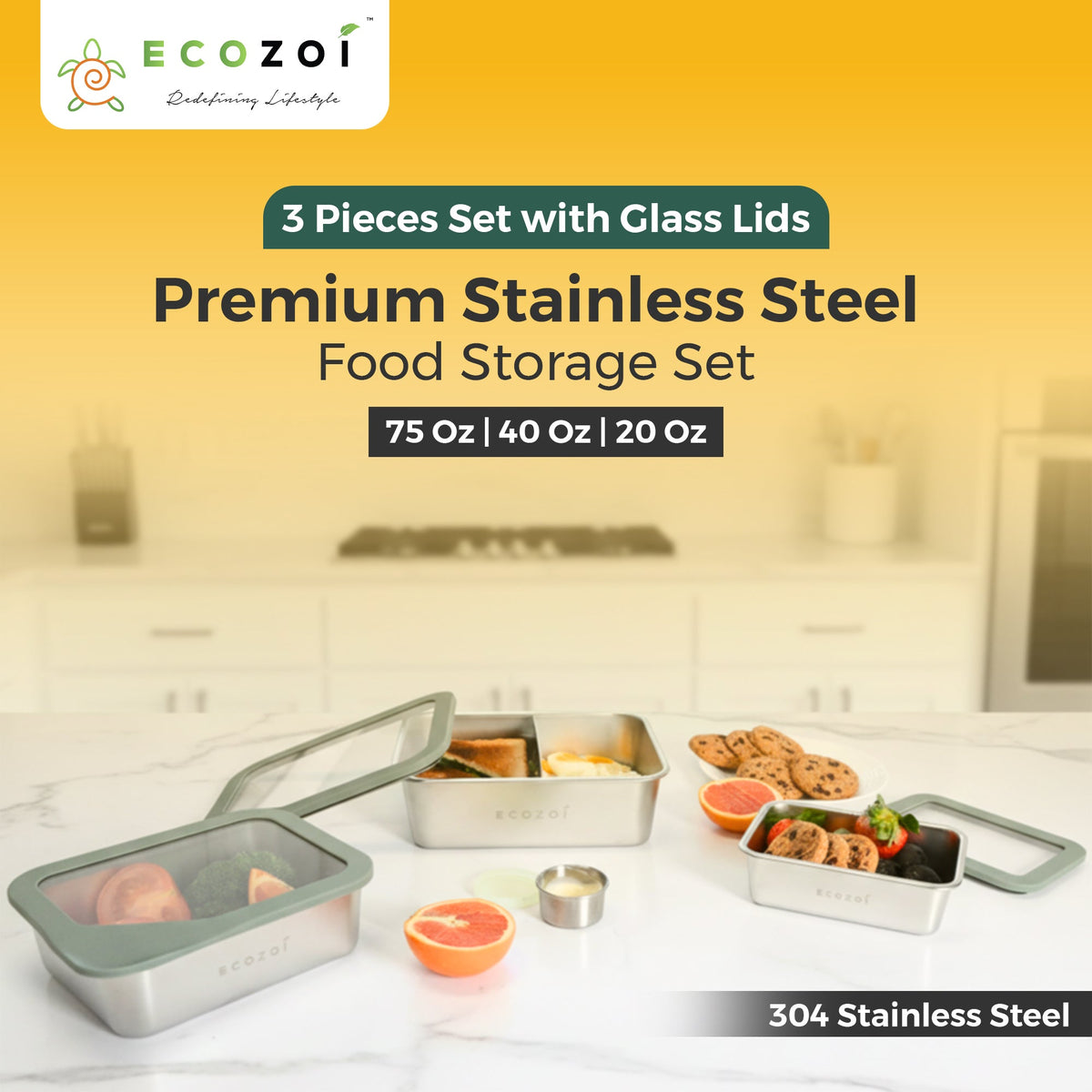 Inland Loom Stainless Steel Bento Box for Kids and Adults, 3 Piece Set, Stackable and Leak Proof, Microwave Safe