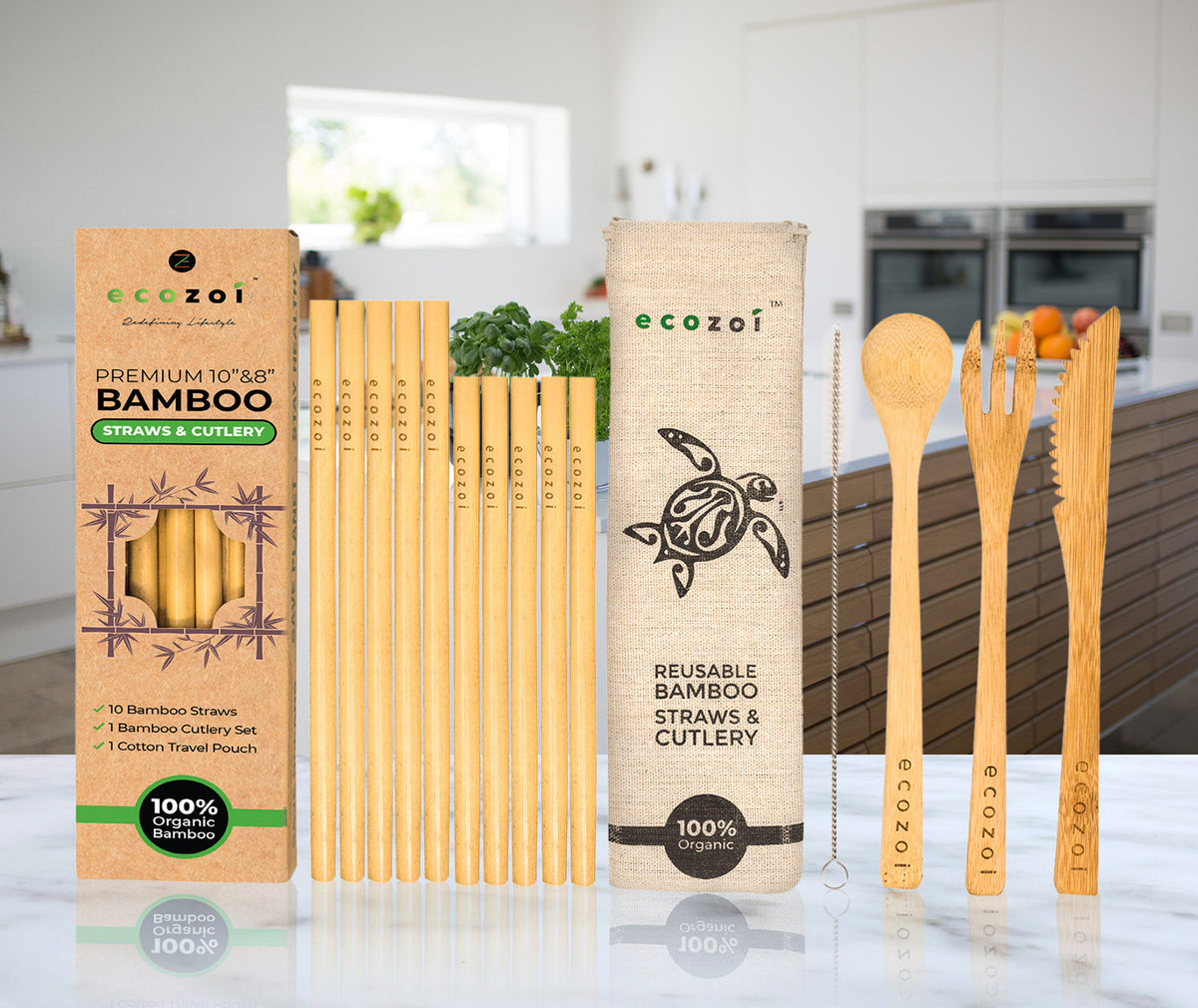 Organic Bamboo Straws and Cutlery Set with Cotton Travel bag