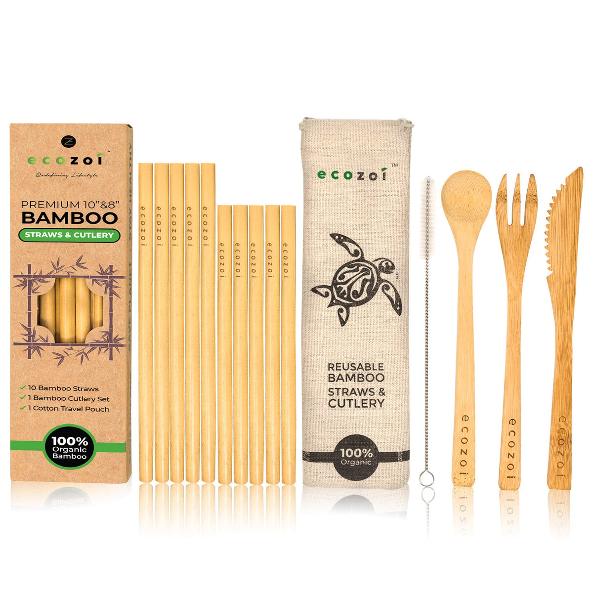 Organic Bamboo Straws and Cutlery Set with Cotton Travel bag