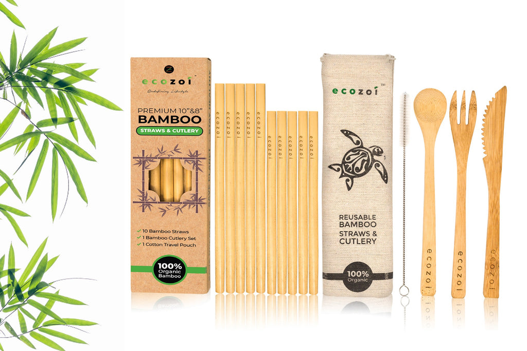 Organic Bamboo Straws and Cutlery Set with Cotton Travel bag